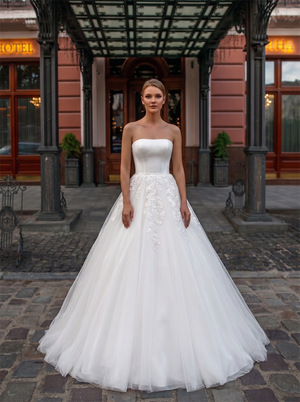 Strapless Convertible Puff Bubble Long Sleeve Lace Satin Tulle Ball Gown Wedding Dress Illusion V Button Back Bridal Gown