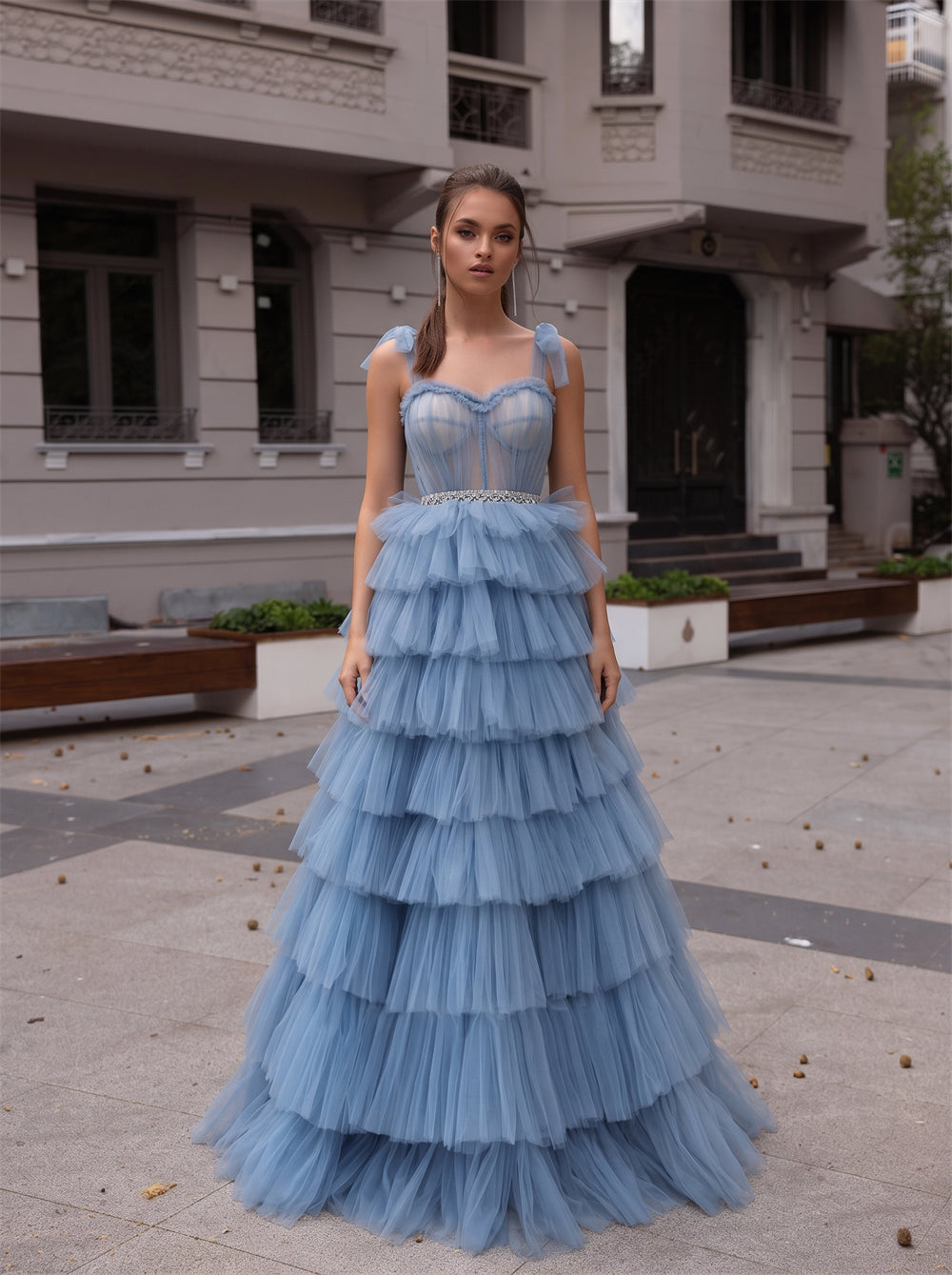 Bow Spaghetti Strap Dusty Blue Tiered Tulle Prom Dress Corset Back Rhinestone Waist Evening Gown