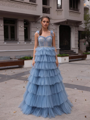 Bow Spaghetti Strap Dusty Blue Tiered Tulle Prom Dress Corset Back Rhinestone Waist Evening Gown