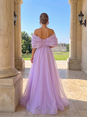 Off Shoulder Draped Organza Glitter Waistband A Line Formal Dress Prom Dress