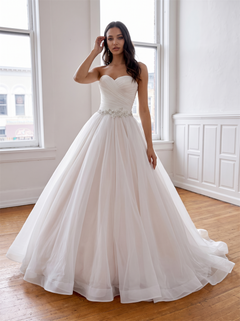Strapless Ruched Tulle Ball Gown Wedding Dress Crystal Beaded Waist Sash Corset Lace Up Back Champagne Lining Bridal Gown