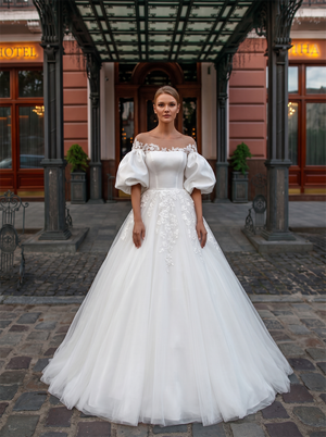 Strapless Convertible Puff Bubble Long Sleeve Lace Satin Tulle Ball Gown Wedding Dress Illusion V Button Back Bridal Gown