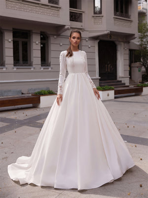 Long Sleeve Lace Applique Satin Wedding Dress Round Neck Vertical Button Bridal Gown