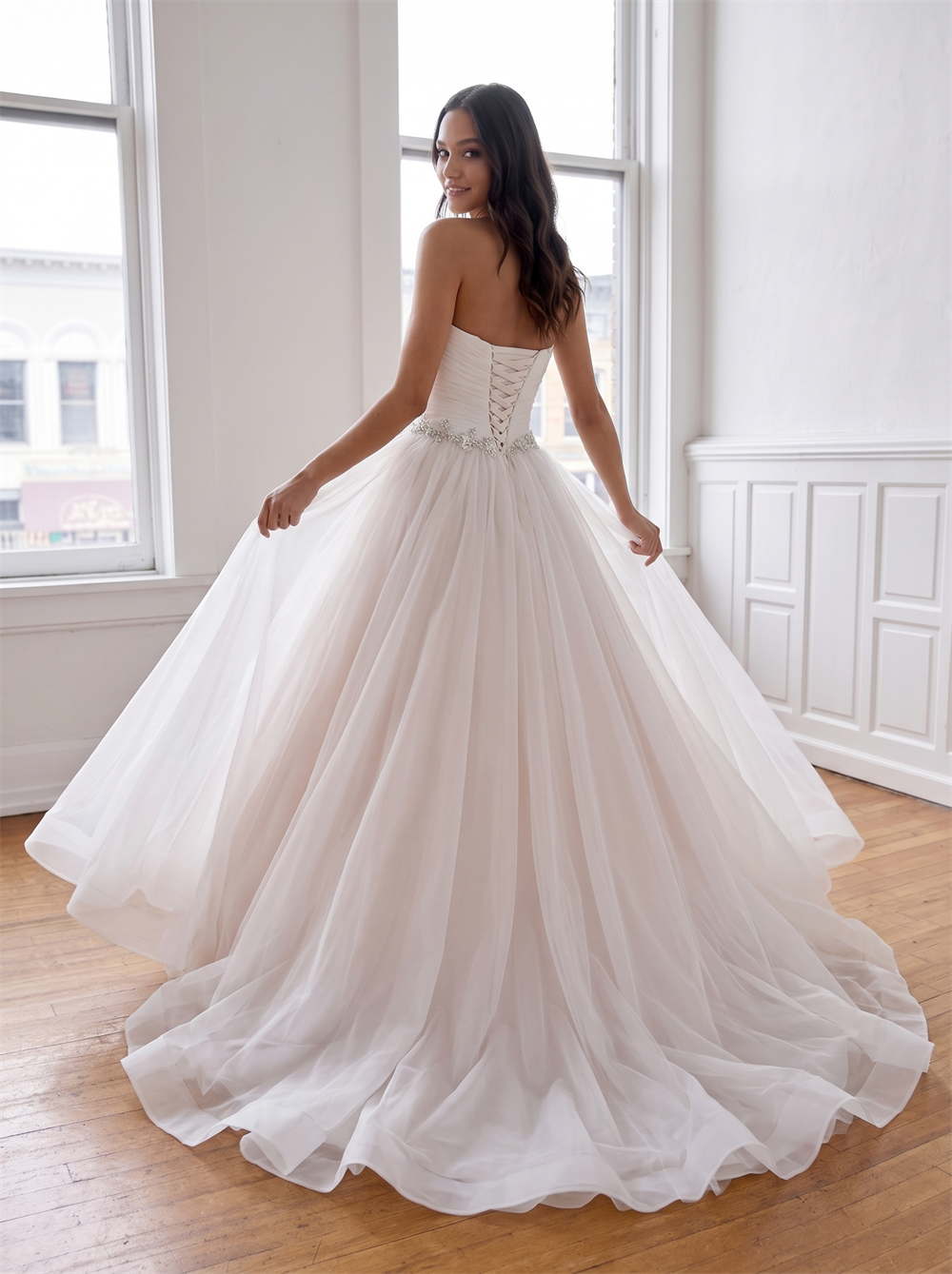 Strapless Ruched Tulle Ball Gown Wedding Dress Crystal Beaded Waist Sash Corset Lace Up Back Champagne Lining Bridal Gown