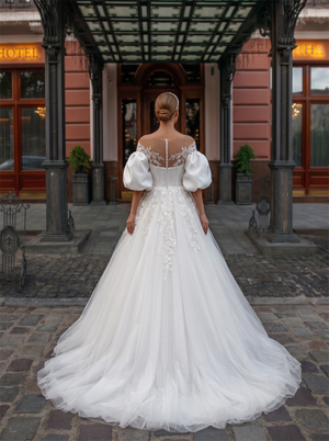 Strapless Convertible Puff Bubble Long Sleeve Lace Satin Tulle Ball Gown Wedding Dress Illusion V Button Back Bridal Gown