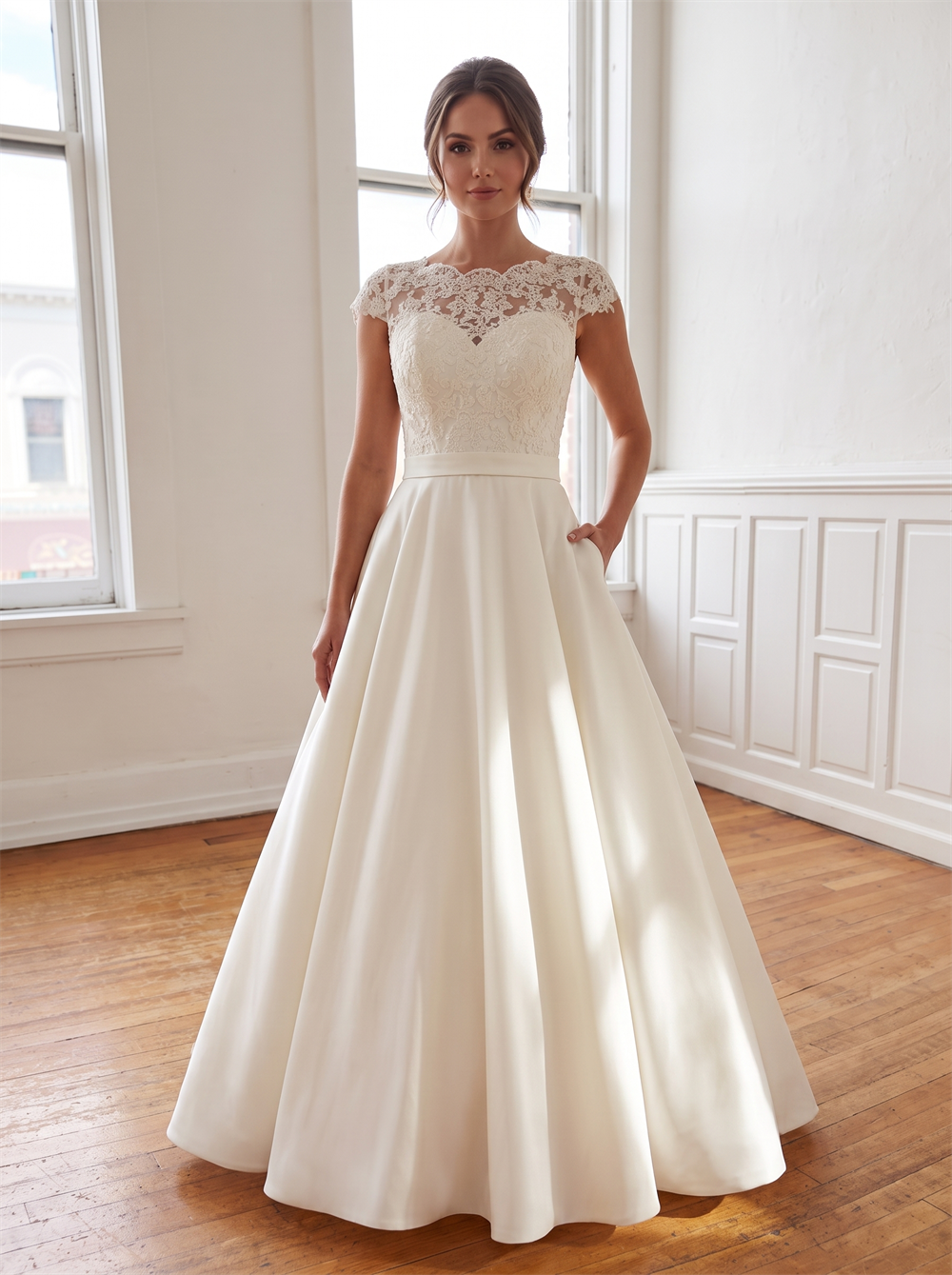 Illusion Lace Cap Sleeve Satin A Line Wedding Dress Boat Neck Back Bow Pockets Classic Bridal Gown