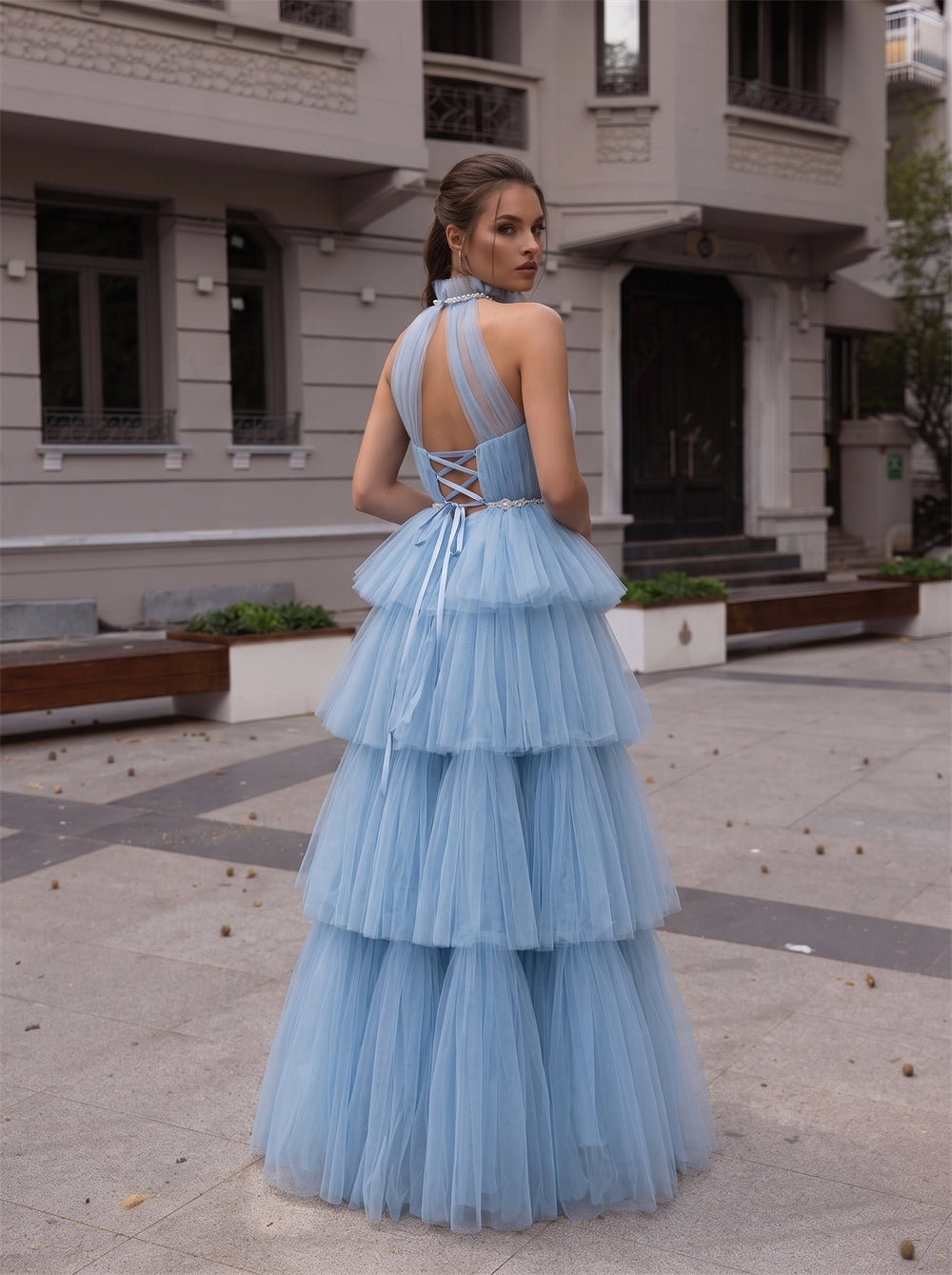 Halter Neck Rhinestone Light Blue Tiered Tulle Prom Dress Lace Up Back Evening Gown