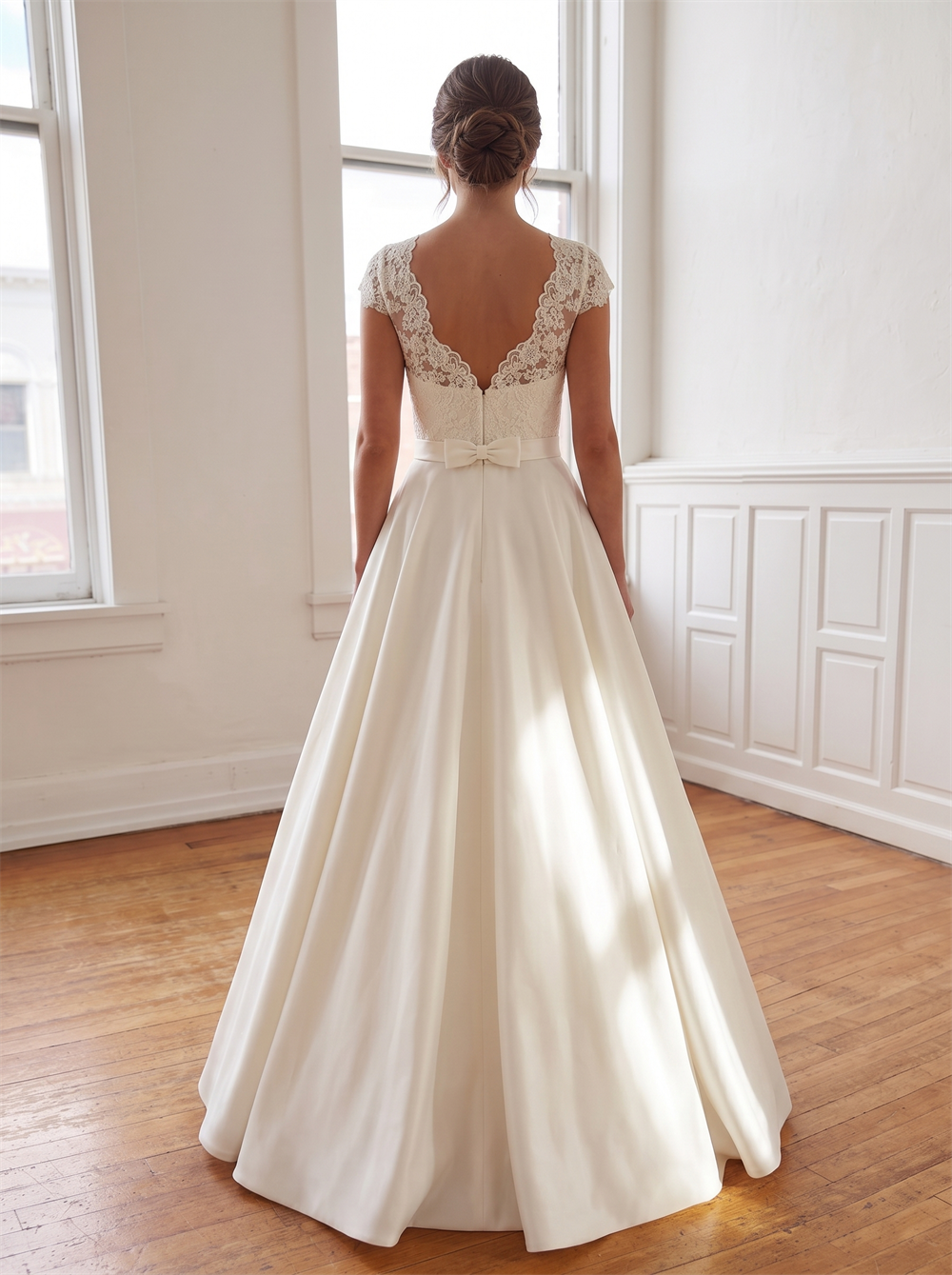 Illusion Lace Cap Sleeve Satin A Line Wedding Dress Boat Neck Back Bow Pockets Classic Bridal Gown