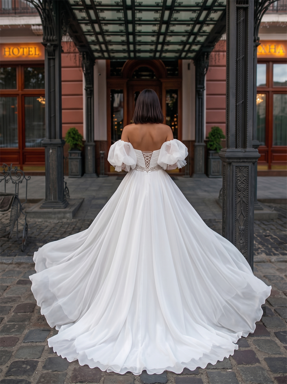Off The Shoulder Detachable Puff Bubble Sleeve High Slit Wedding Dress Rhinestone Waist Lace-Up Corset Back Bridal Gown