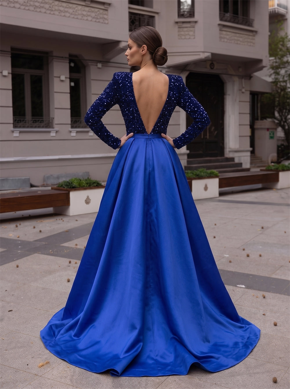 Long Sleeve Sequin V Neck Royal Blue Satin Prom Dress High Slit Open Back Evening Gown