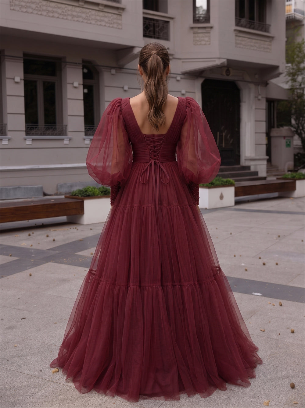 Puff Long Sleeve Deep V Burgundy Tiered Tulle Prom Dress Corset Back Evening Gown