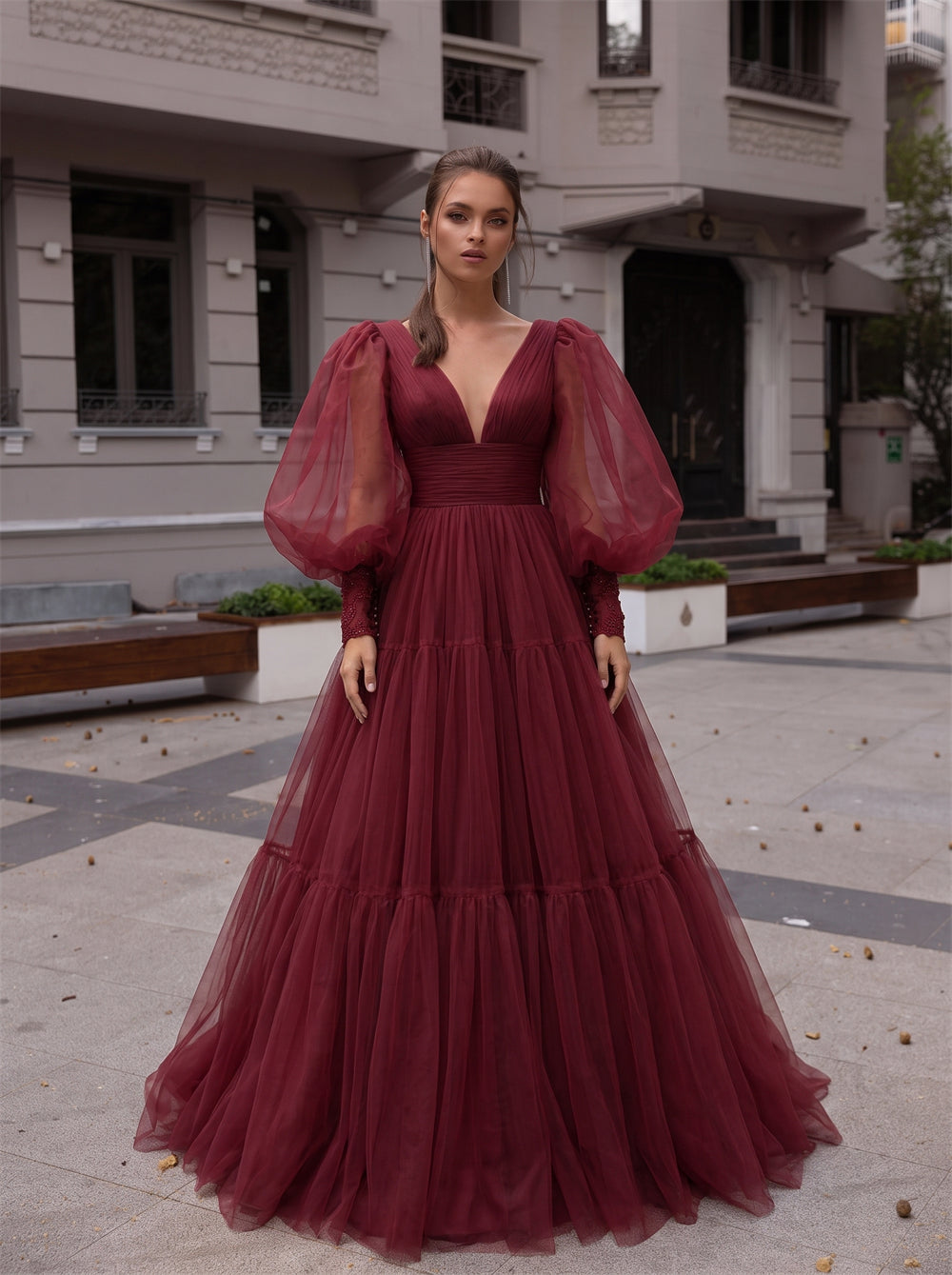 Puff Long Sleeve Deep V Burgundy Tiered Tulle Prom Dress Corset Back Evening Gown