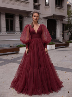 Puff Long Sleeve Deep V Burgundy Tiered Tulle Prom Dress Corset Back Evening Gown