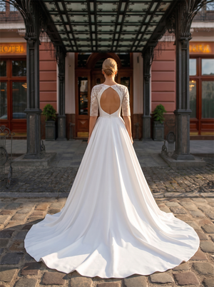 Modest Round Neck Elbow Length Lace Sleeve Matte Satin A Line Wedding Dress Keyhole Open Back Bridal Gown