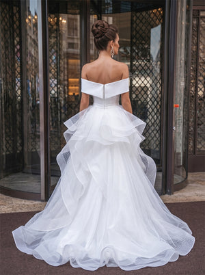 Off Shoulder V Cut Zipper Back Ruffle Tulle Mermaid Satin Wedding Dress Bridal Dress