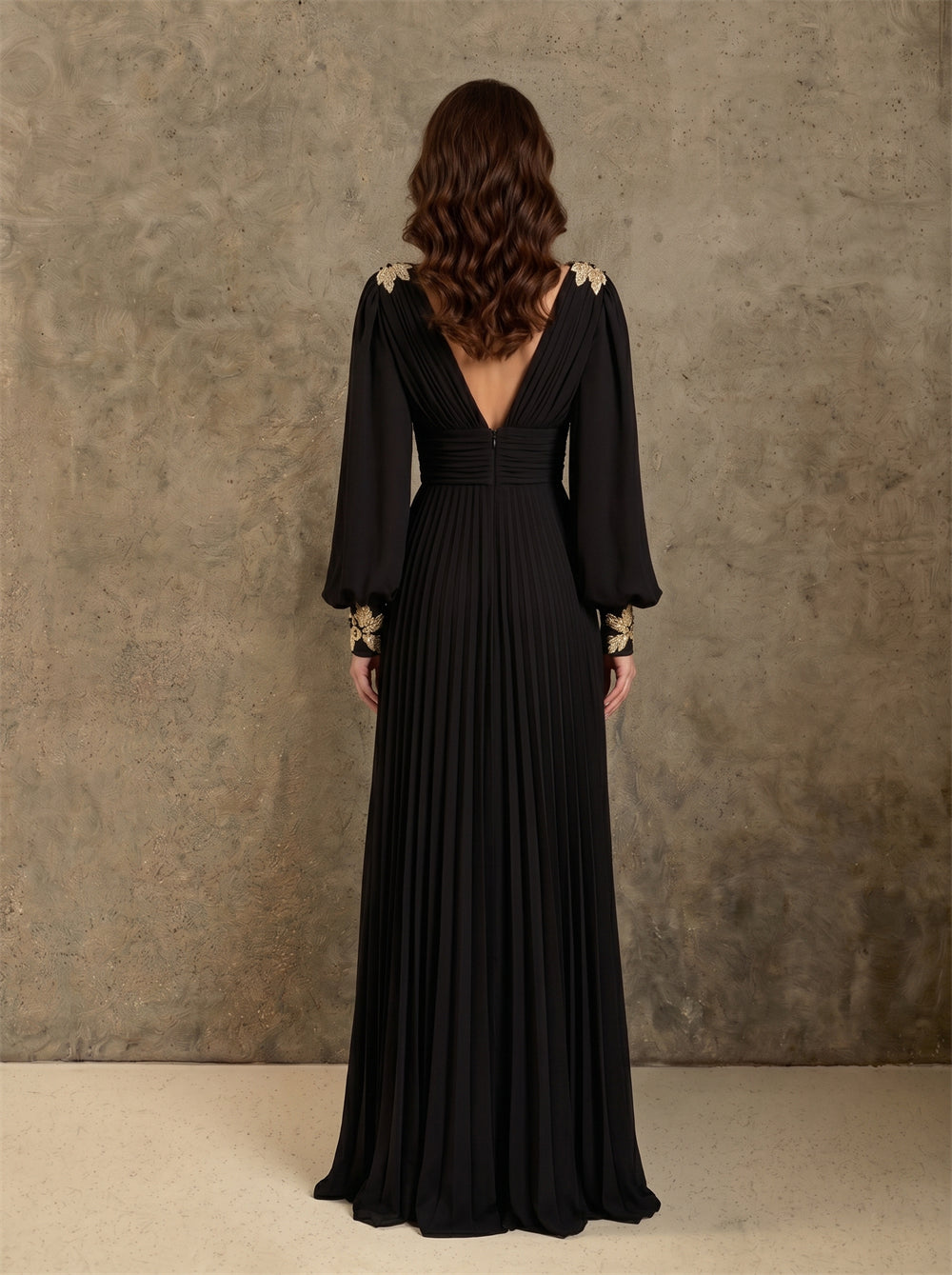 Prom Dress Low V Back Gold Floral Applique Cuff Shoulder Detail Pleated Maxi Evening Dress