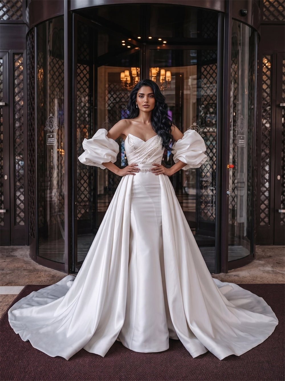 Off Shoulder Puff Sleeve Crystal Sash Lace Up Back Detachable Over Skirt Mermaid Satin Wedding Dress Bridal Dress