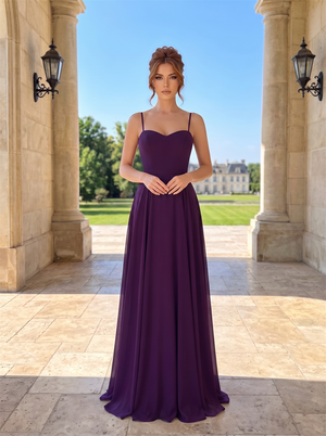 Thin Spaghetti Strap Sweetheart Chiffon Bridesmaid Dress Crisscross Lace-Up Corset Back Floor Length Purple Formal Wedding Guest Evening Gown