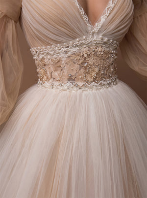 Off Shoulder Puff Sleeve Champagne Tulle Wedding Dress Deep V Lace Waist Corset Back Ball Gown Long Train Bridal Dress
