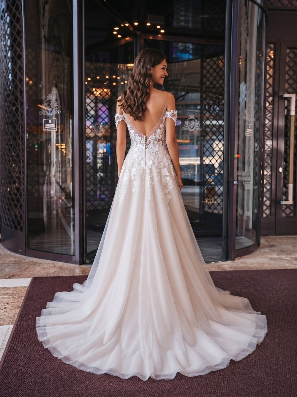 Off-The-Shoulder 3D Floral Lace Tulle Wedding Dress Sweetheart Deep V Back Champagne A Line Elegant Formal Bridal Dress