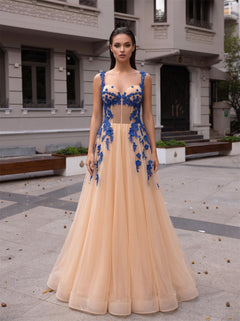 Prom Dress Spaghetti Straps Blue Lace Applique Tulle A Line Long Gown