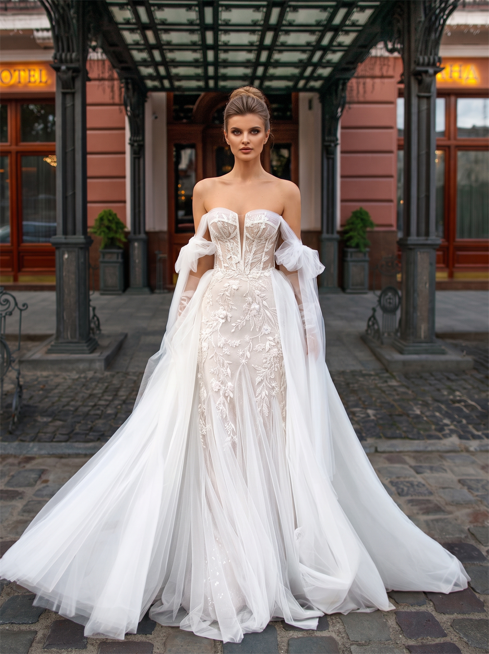 Off The Shoulder Bow Tulle Lace Mermaid Wedding Dress Oversized Tulle Overlayer Skirt Bridal Gown