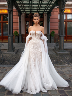 Off The Shoulder Bow Tulle Lace Mermaid Wedding Dress Oversized Tulle Overlayer Skirt Bridal Gown