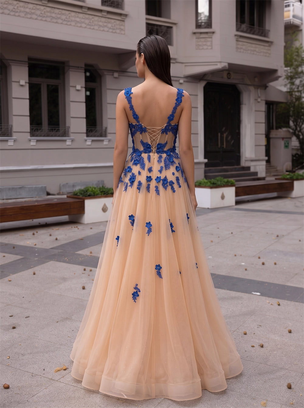 Prom Dress Spaghetti Straps Blue Lace Applique Tulle A Line Long Gown