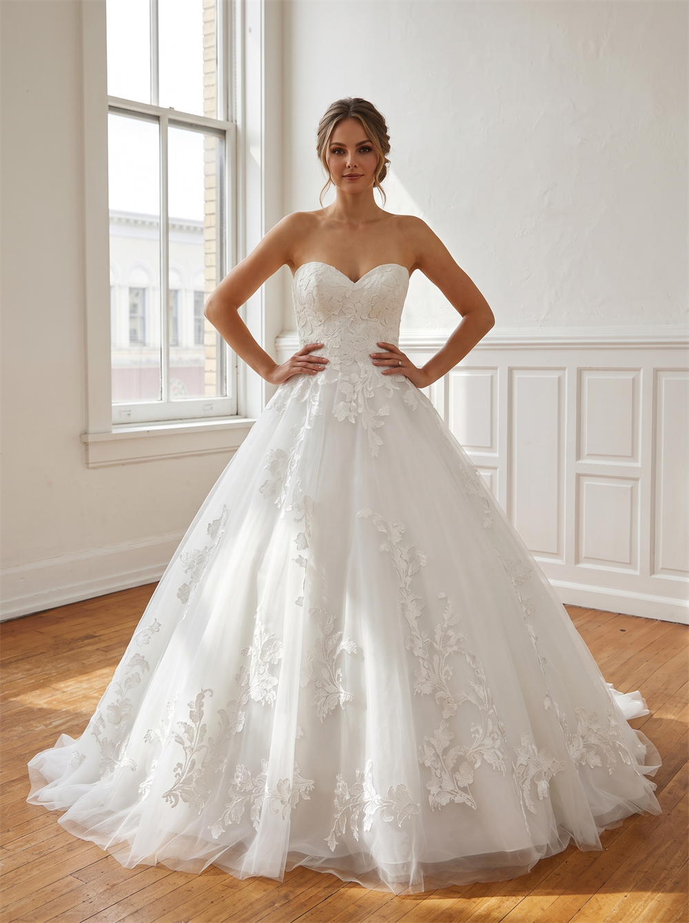 Strapless Sweetheart Floral Lace Tulle Ball Gown Wedding Dress Corset Lace Up Back Oversized Bridal Gown