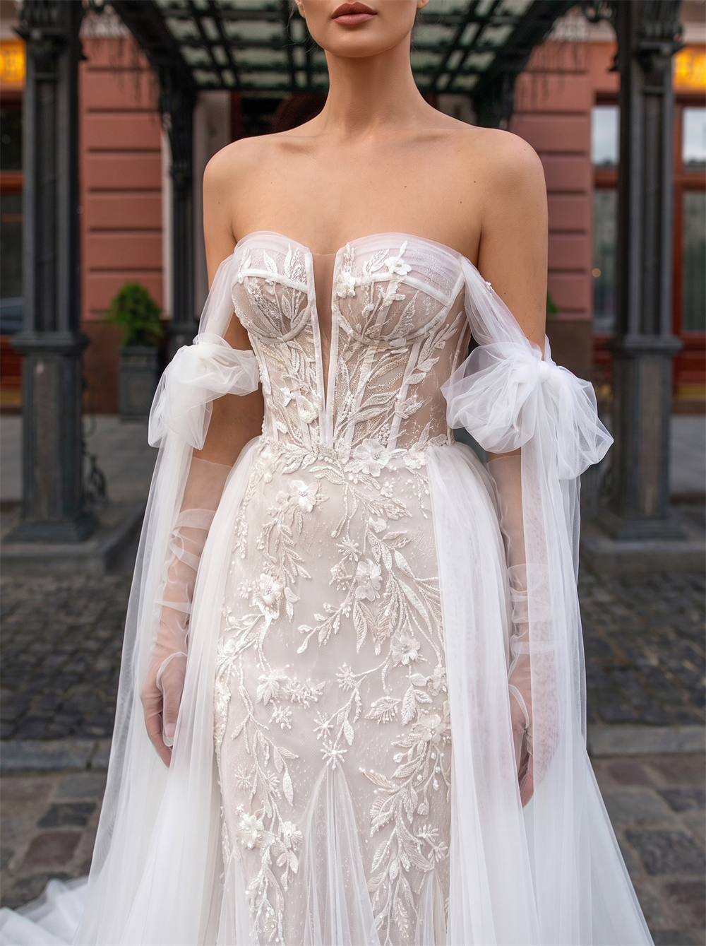 Off The Shoulder Bow Tulle Lace Mermaid Wedding Dress Oversized Tulle Overlayer Skirt Bridal Gown
