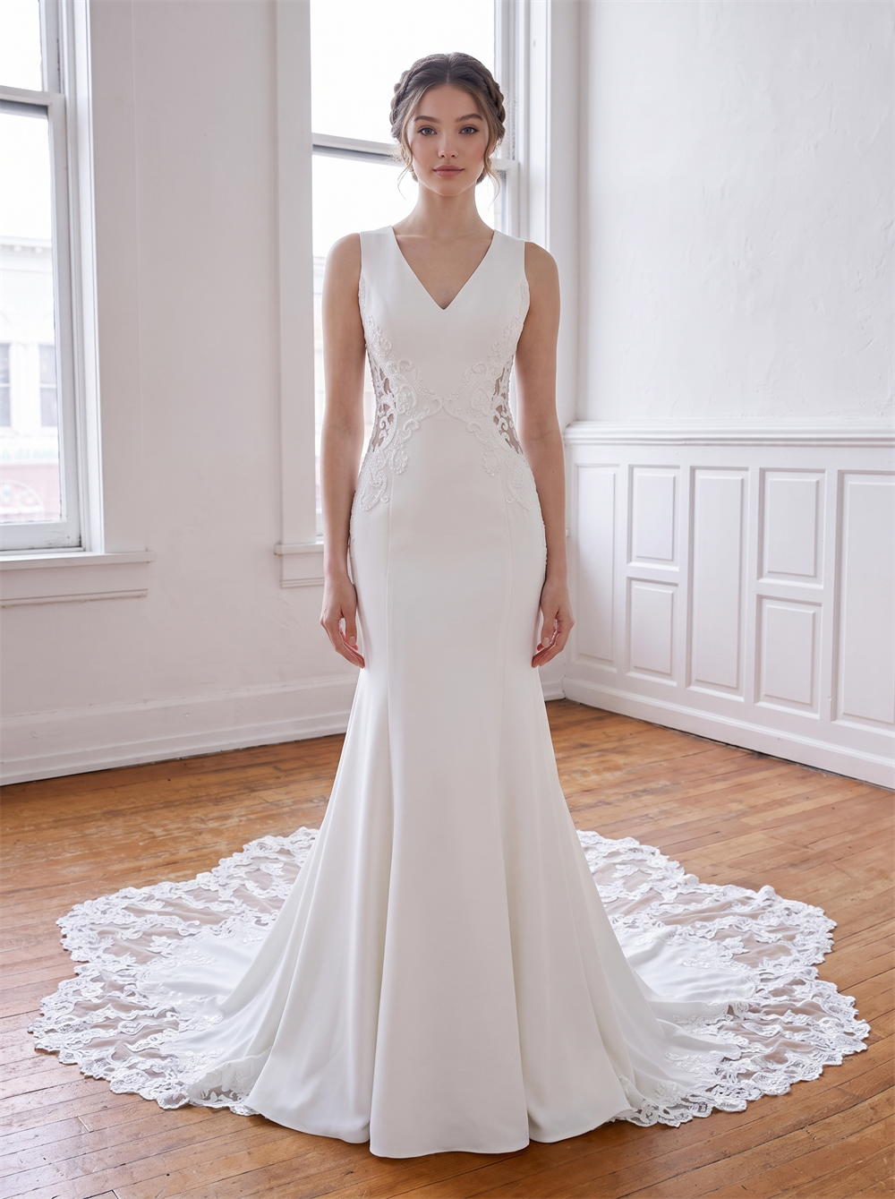 Sleeveless V Neck Cutout Lace Satin Mermaid Wedding Dress Vertical Pearl Button Back Scalloped Lace Hem Bridal Gown