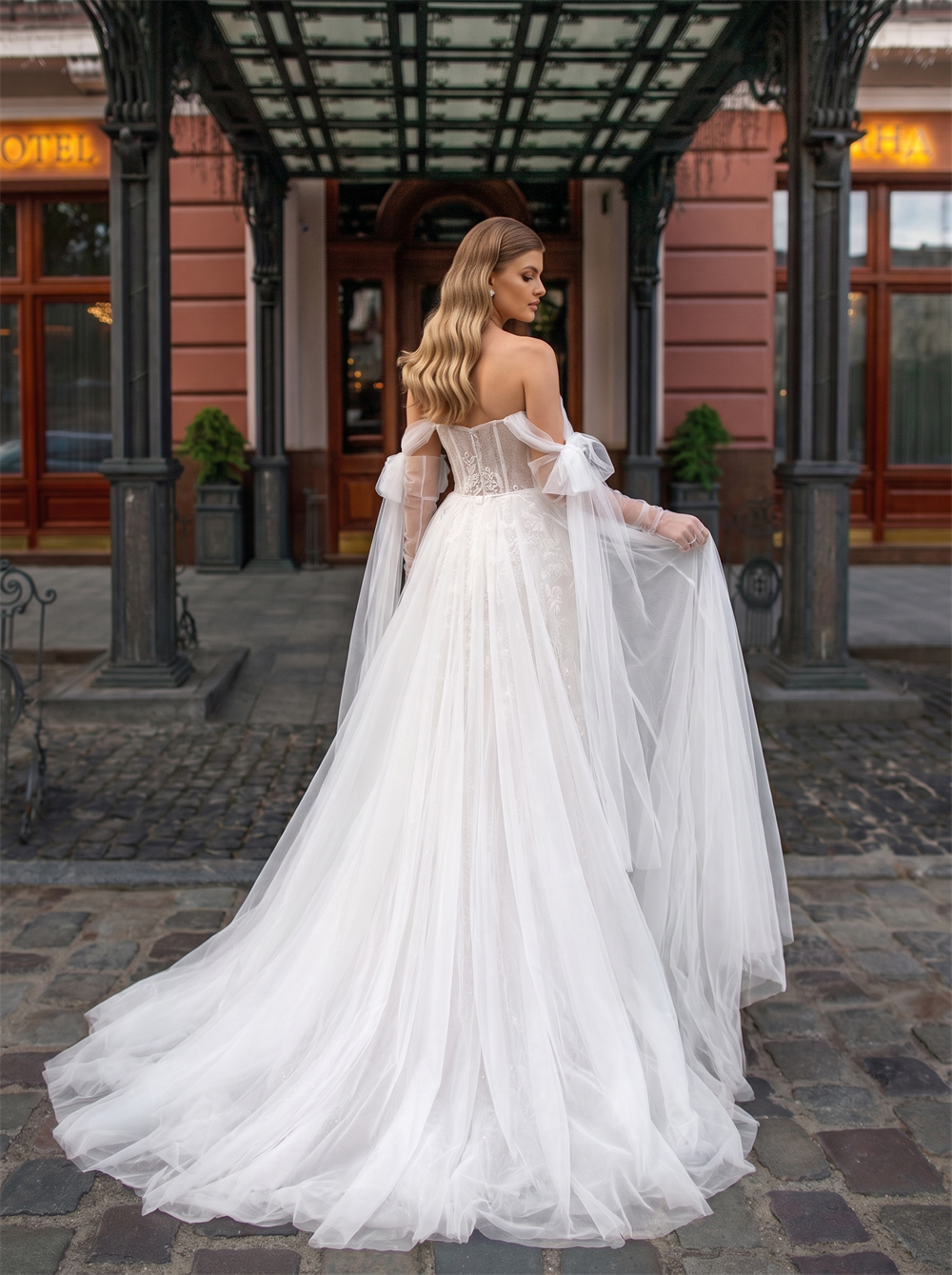Off The Shoulder Bow Tulle Lace Mermaid Wedding Dress Oversized Tulle Overlayer Skirt Bridal Gown