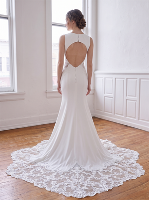 Sleeveless V Neck Cutout Lace Satin Mermaid Wedding Dress Vertical Pearl Button Back Scalloped Lace Hem Bridal Gown