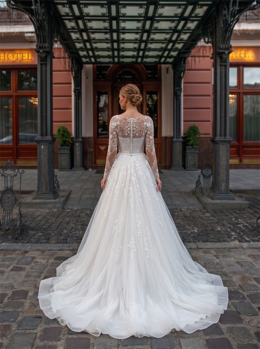 Illusion Boat Neck Long Sleeve Floral Lace Tulle A Line Wedding Dress Button Back Bridal Gown