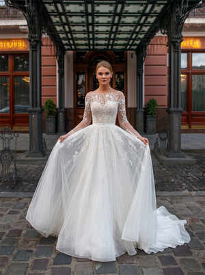 Illusion Boat Neck Long Sleeve Floral Lace Tulle A Line Wedding Dress Button Back Bridal Gown