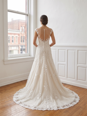 Illusion Cap Sleeve Lace Mermaid Wedding Dress Pearl Button Champagne Lining Tulle Bridal Gown