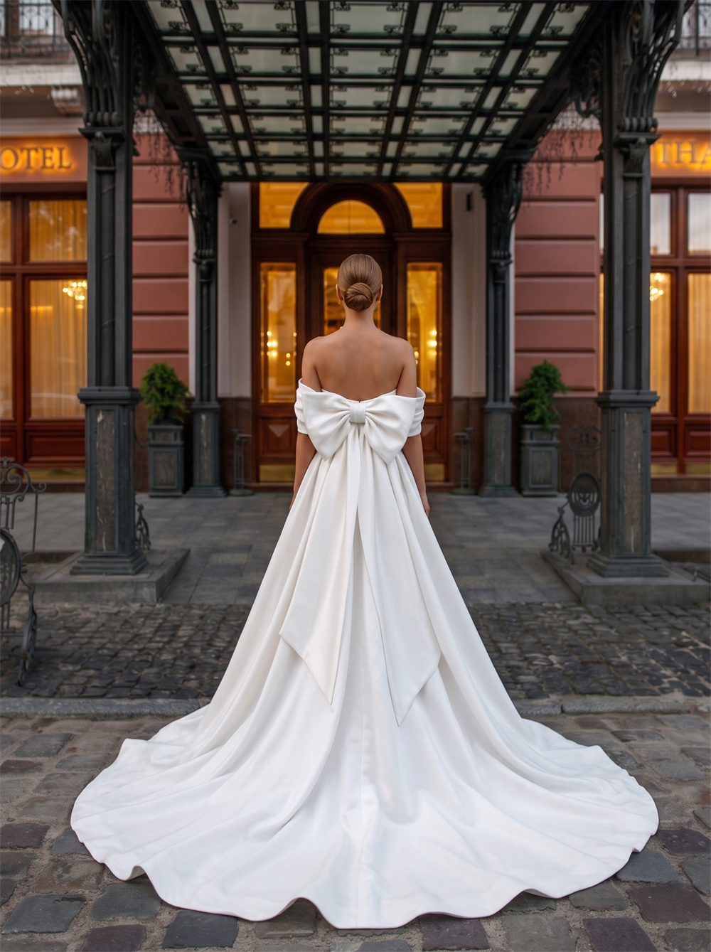 Off The Shoulder Matte Satin Ball Gown Wedding Dress Oversized Big Bow Low Back Bridal Gown