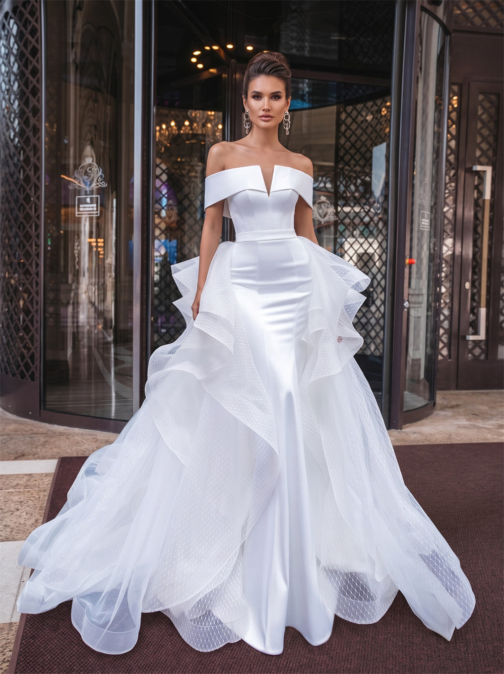 Off Shoulder V Cut Zipper Back Ruffle Tulle Mermaid Satin Wedding Dress Bridal Dress
