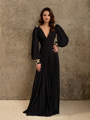 Prom Dress Low V Back Gold Floral Applique Cuff Shoulder Detail Pleated Maxi Evening Dress