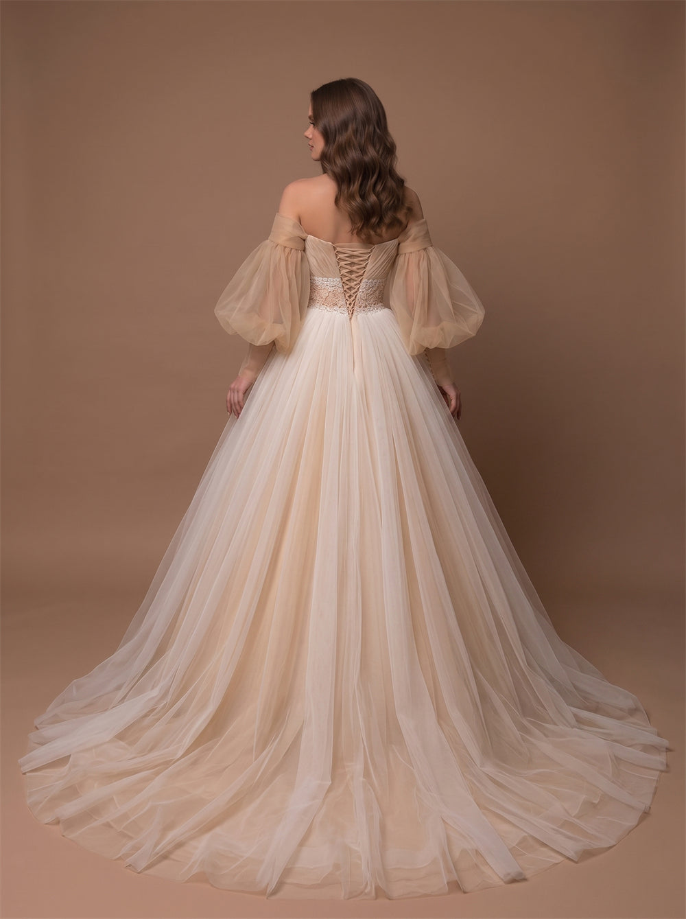 Off Shoulder Puff Sleeve Champagne Tulle Wedding Dress Deep V Lace Waist Corset Back Ball Gown Long Train Bridal Dress