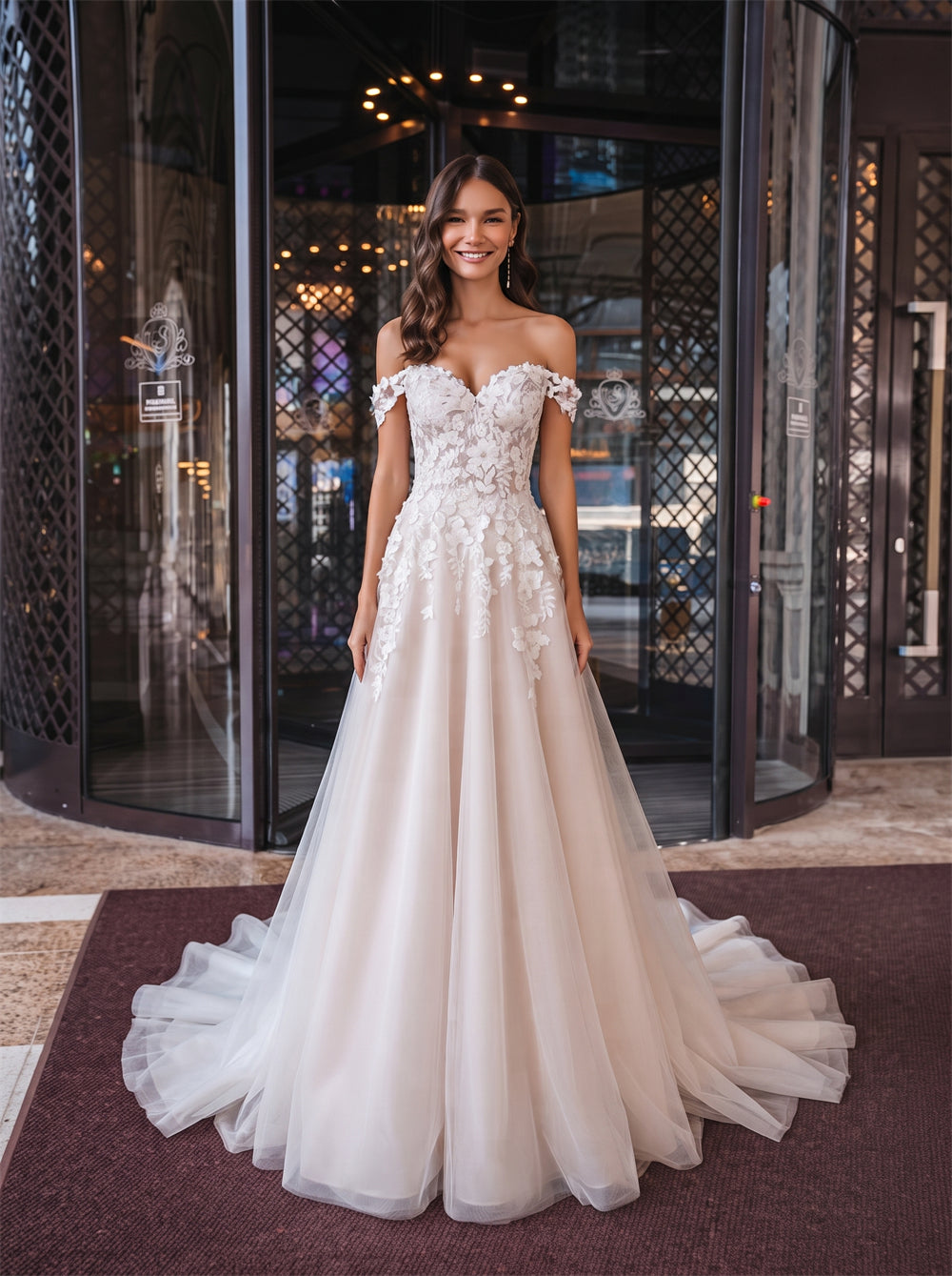 Off-The-Shoulder 3D Floral Lace Tulle Wedding Dress Sweetheart Deep V Back Champagne A Line Elegant Formal Bridal Dress