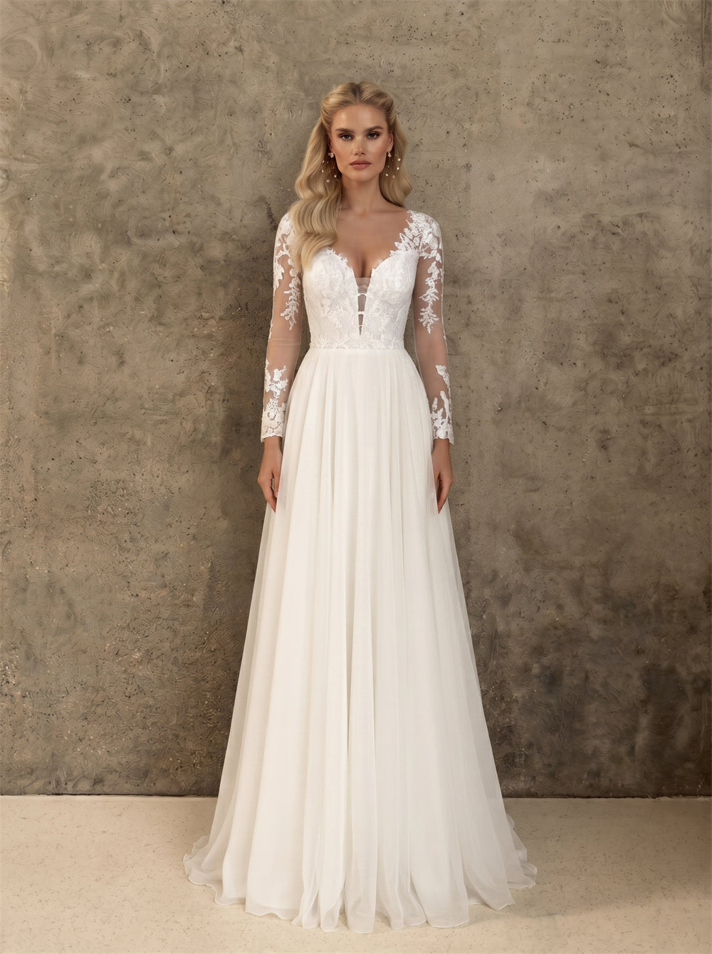 Long Sleeve Floral Lace Chiffon Wedding Dress V Neck Keyhole Front Deep V Back Soft A Line Elegant Formal Bridal Dress
