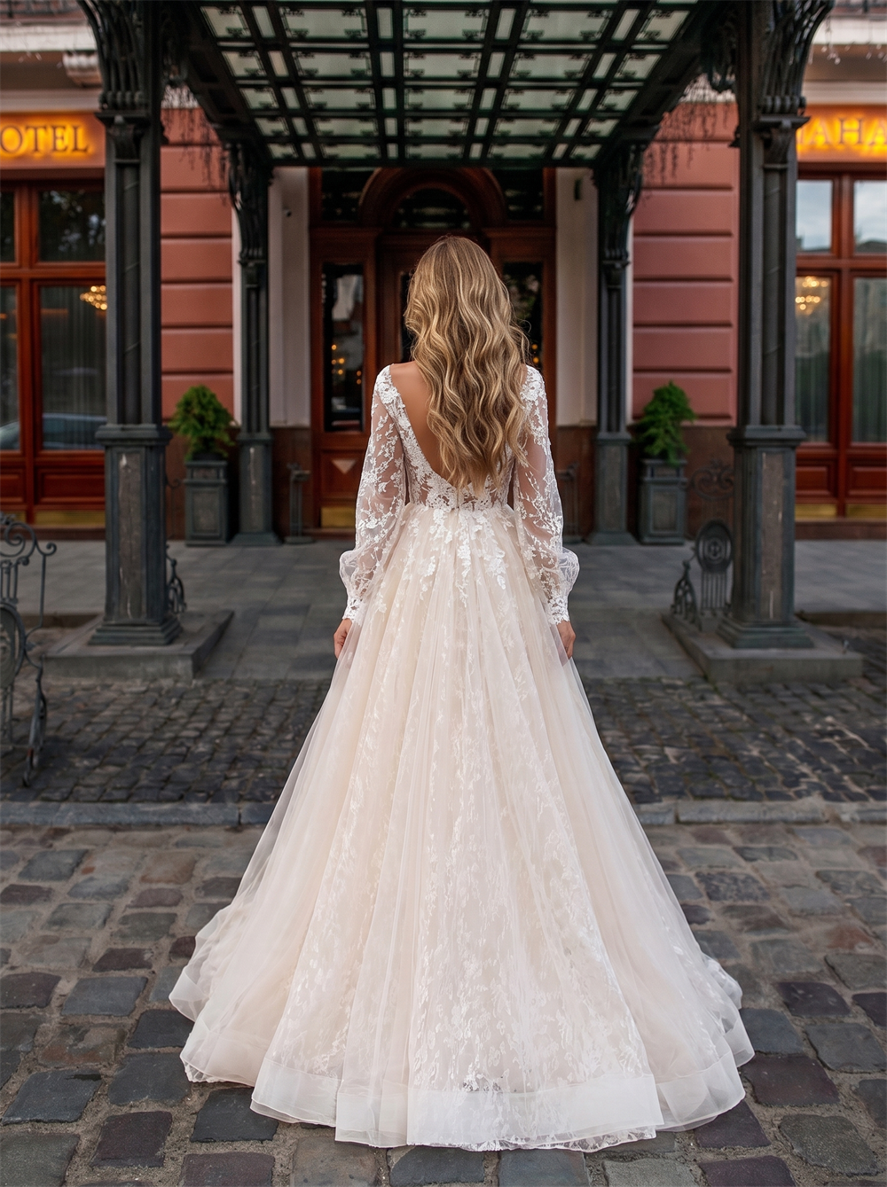 Long Sleeve Full Lace Plunge V Tulle A Line Wedding Dress Deep V Back Cathedral Train Romantic Bridal Gown