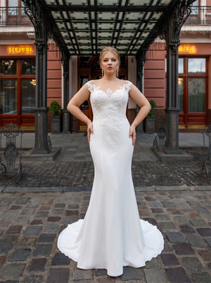 Illusion Cap Sleeve Lace Mermaid Wedding Dress Sheer V Back Covered Button Plus Size Bridal Gown
