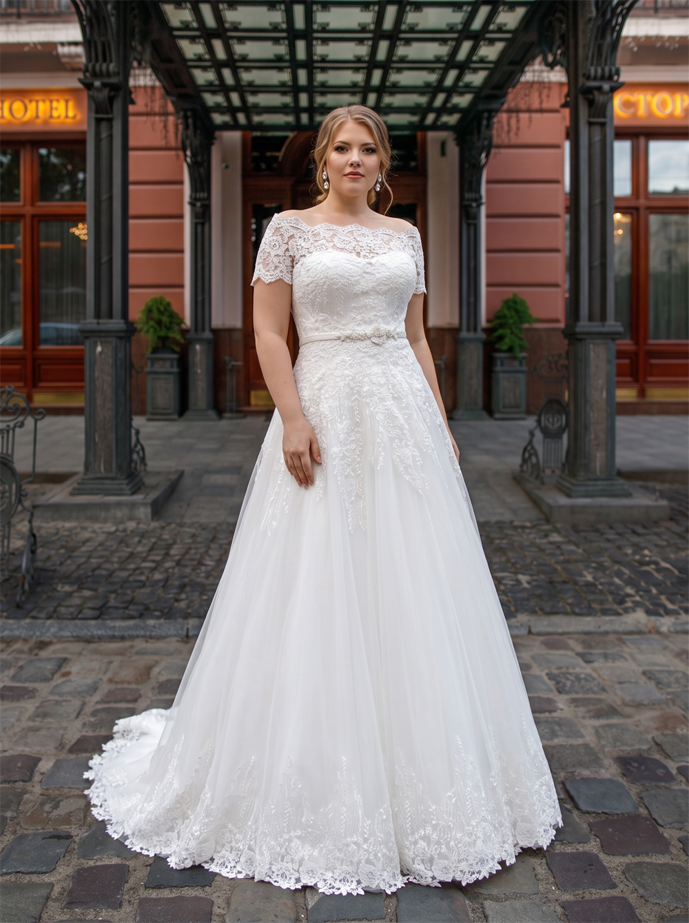 Off The Shoulder Short Lace Sleeve Tulle A Line Wedding Dress Keyhole Plus Size Bridal Gown