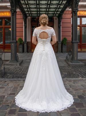 Off The Shoulder Short Lace Sleeve Tulle A Line Wedding Dress Keyhole Plus Size Bridal Gown