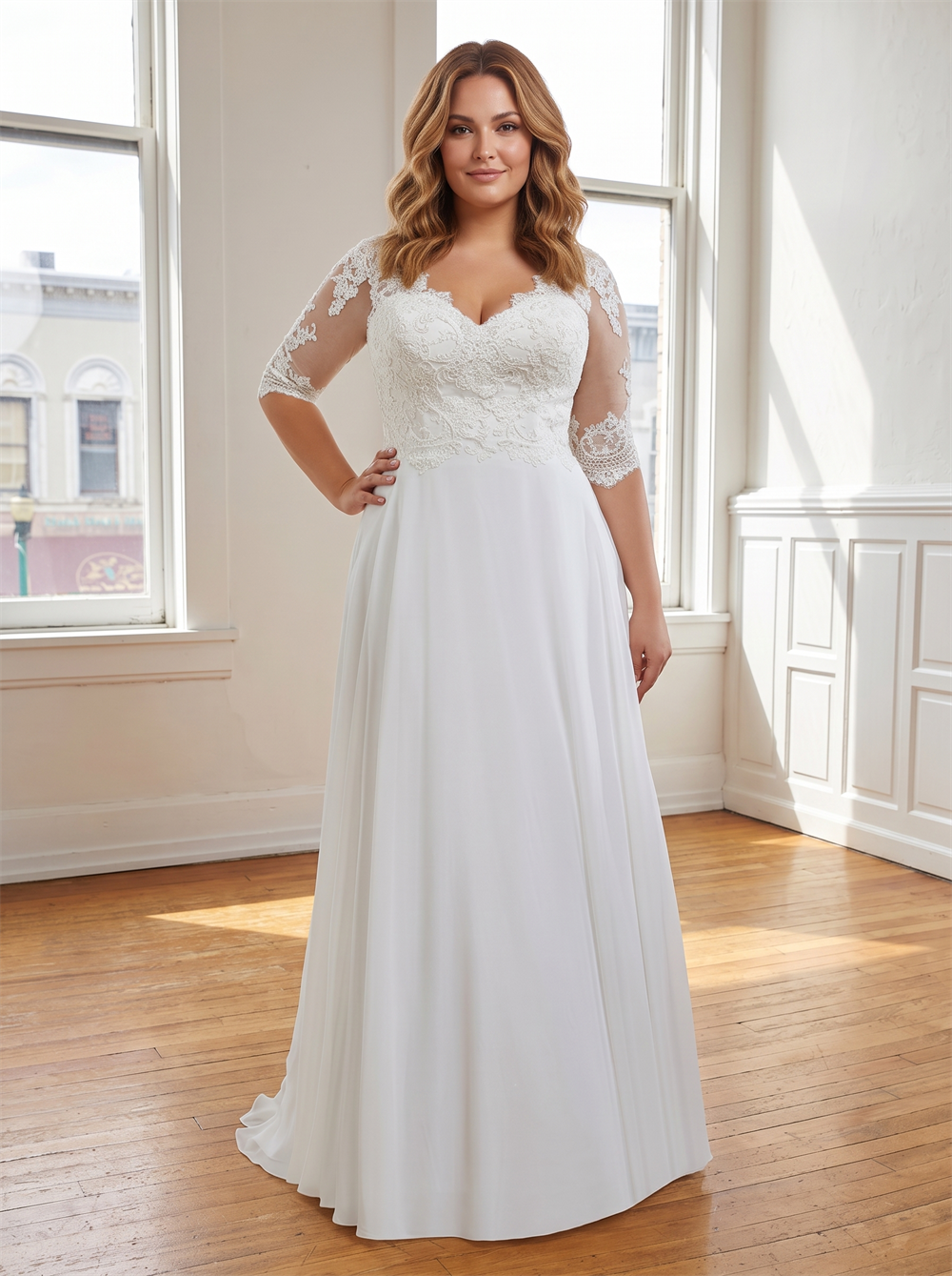 Plus Size V Neck 3/4 Lace Sleeve Chiffon A Line Wedding Dress Vertical Pearl Button Back Soft Bridal Gown