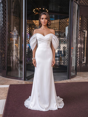 Off-The-Shoulder White Satin Mermaid Wedding Dress Organza Puff Sleeve Back Bow Elegant Fitted Formal Bridal Dress