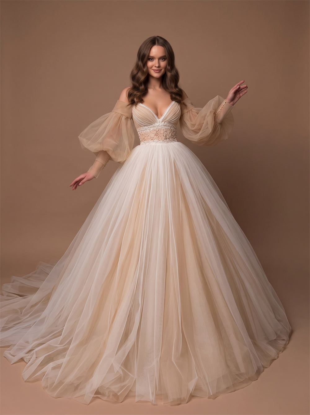 Off Shoulder Puff Sleeve Champagne Tulle Wedding Dress Deep V Lace Waist Corset Back Ball Gown Long Train Bridal Dress