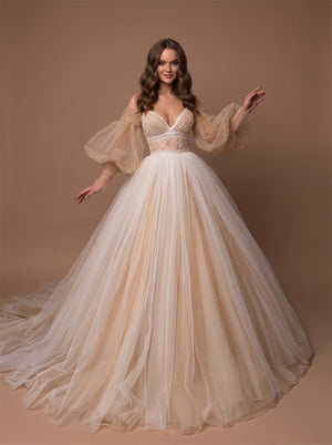 Off Shoulder Puff Sleeve Champagne Tulle Wedding Dress Deep V Lace Waist Corset Back Ball Gown Long Train Bridal Dress